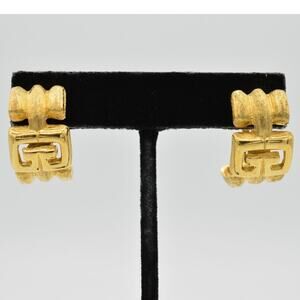 Givenchy Vintage Logo Clip On Earrings GG Brushed Gold Hoop 1980s Signed BinH